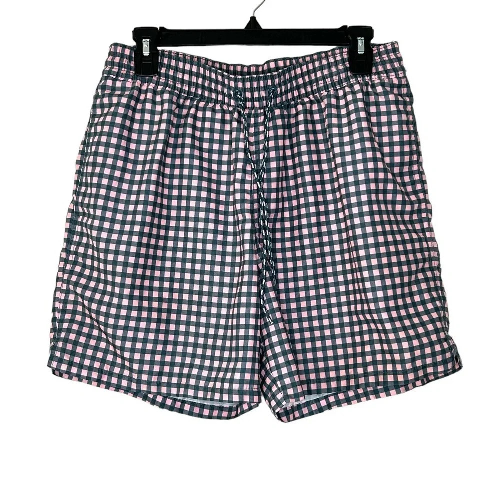 Goodfellow Swim Trunks Sz M Gray Pink Checked Beach Vacation Resort Preppy